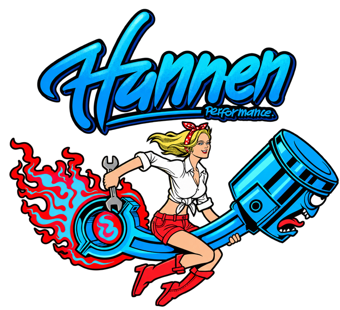 Hannen Performance blonde piston rider logo in blue and red